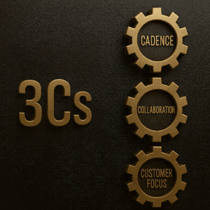3Cs: Cadence, Collaboration, Customer Focus for effective teamwork and business success.