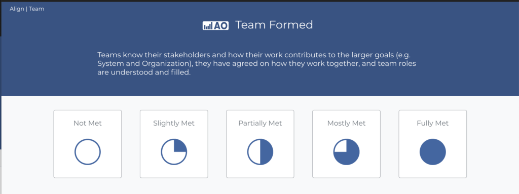 Team formation progress indicators: Not Met, Slightly Met, Partially Met, Mostly Met, Fully Met.