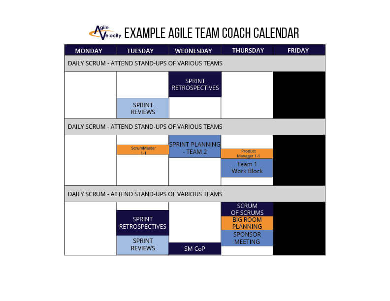 Sample weekly calendar showing Agile coach activities and meetings