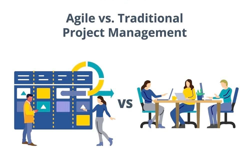 Agile and traditional project management comparison, showcasing different methodologies and team dynamics.