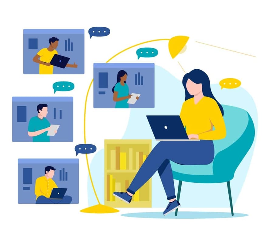 Remote team collaboration with professionals communicating through video calls and using laptops.