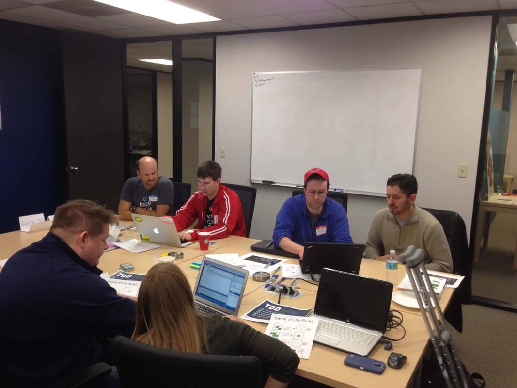 Developers pair programming at Global Day of Coderetreat 2014