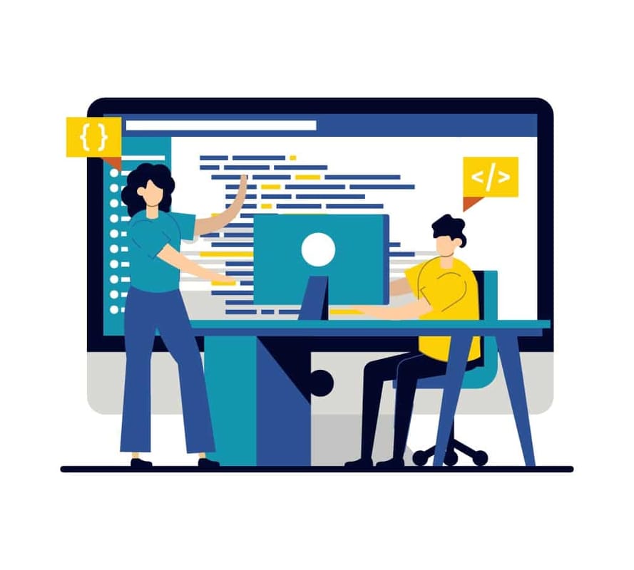 Software development team collaborating on code in a modern office environment.