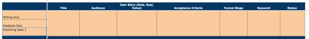 Agile editorial calendar version 1 with user story and acceptance criteria columns
