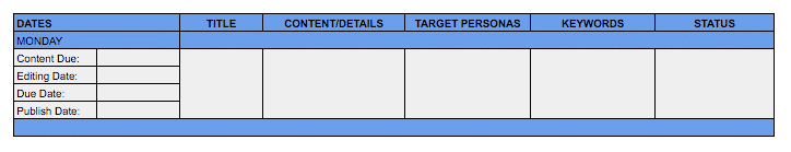 Traditional editorial calendar spreadsheet showing basic content planning columns