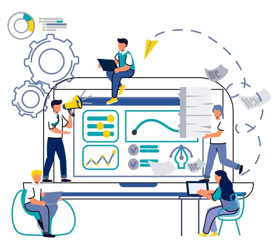 Team development with data analysis and collaboration on digital platforms.