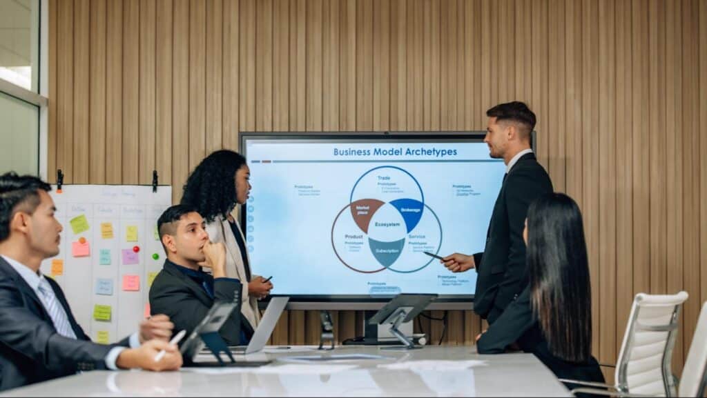 Business professionals engaging in a presentation with visuals for effective meetings.