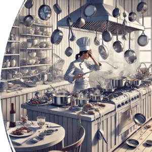 A chef navigates a chaotic, messy kitchen filled with cooking tools and uneaten meals.