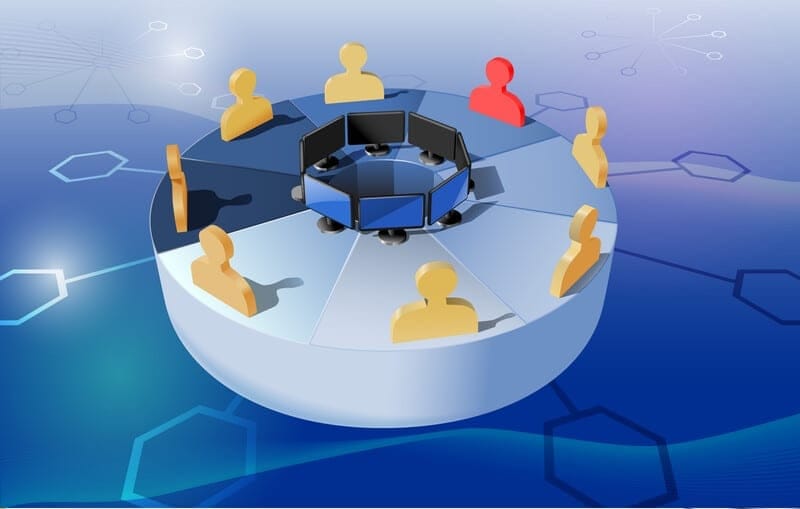 Illustration representing a ccamera-off trend in remote collaboration with faceless people sitting around a conference table. Meant to illustrate video conferencing best practices.