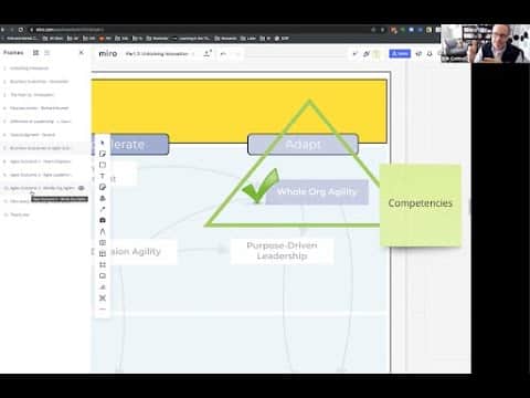 Agile methodologies and competencies in a Miro board for organizational growth.
