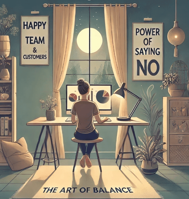 A focused professional balancing team happiness and customer needs while saying no effectively.