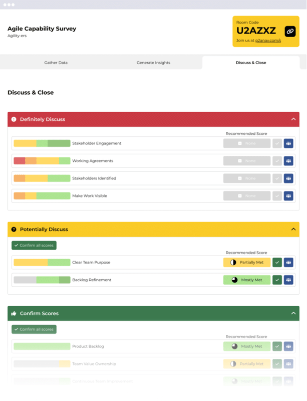 Agile Capability Survey: Discuss insights and close action items effectively.