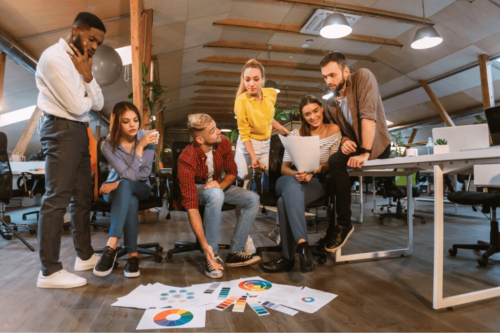 Agile culture concept with a group brainstorm i an office