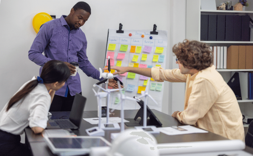 Team collaboration during a brainstorming session in a modern office environment.