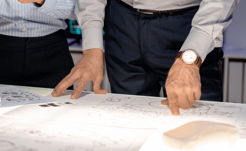 Collaborative workspace with hands discussing project documents and sketches.