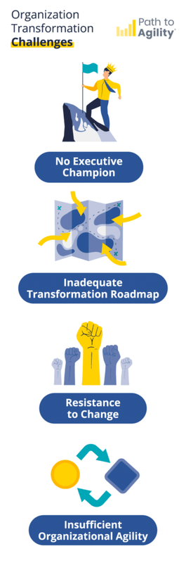 Organizational transformation challenges: lack of executive support, roadmap, and agility hinder success.