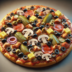 Delicious pizza topped with vegetables, meat, olives, and cheese in a crispy crust.