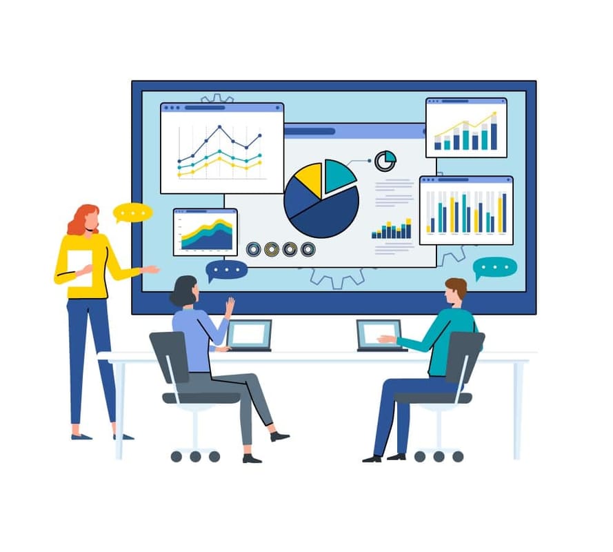 Product development team analyzing data on digital screens with charts and graphs.