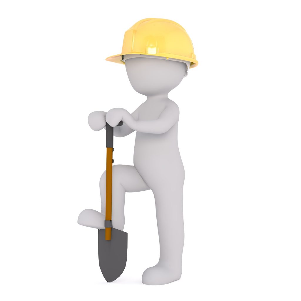 Cartoon of a man in a construction hat and holding a shovel, getting ready to remodel a user story.