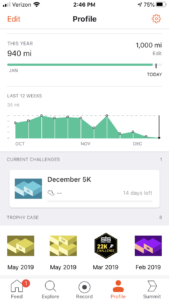 Andy's progress to his goal of 1,000 miles in 1 year as of December 2019. He's at 940 out of 1,000