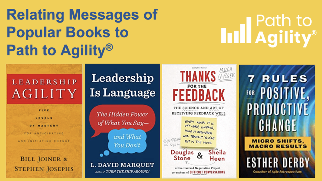 Popular books on leadership and feedback enhancing organizational agility strategies.