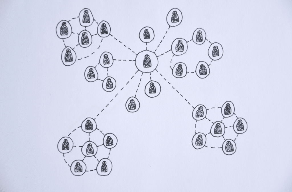 Hand-drawn network diagram illustrating a decentralized approach connections between multiple nodes and relationships.
