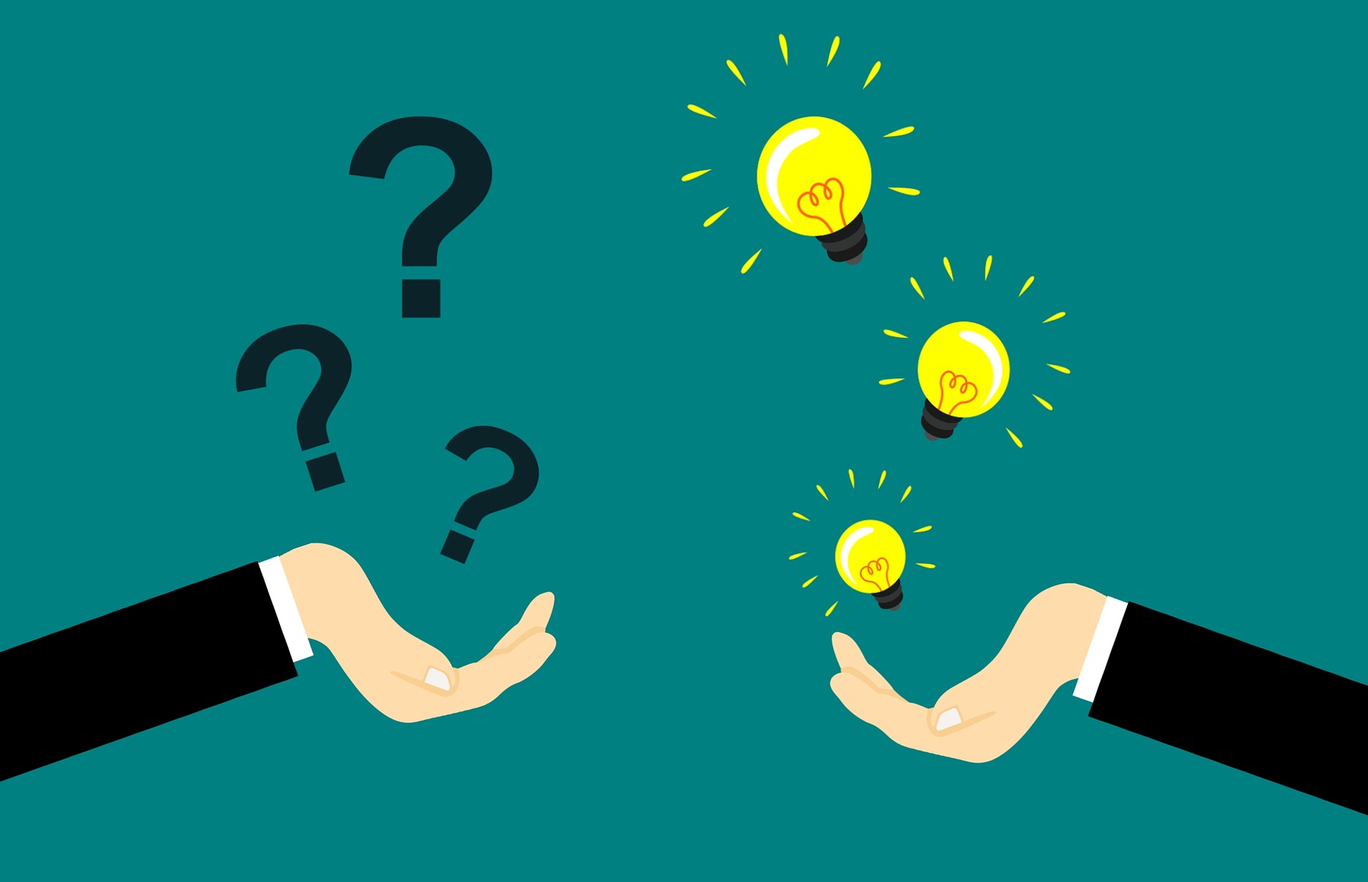 An image of a hand holding question marks and a hand holding lightbulbs to represent the clairty that comes when an Agile Journey is aligned around a compelling purpose.