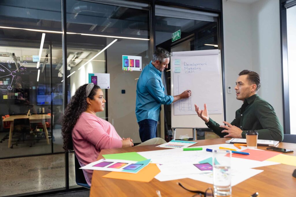 Business professionals discussing continuous improvement strategies in a collaborative meeting environment.