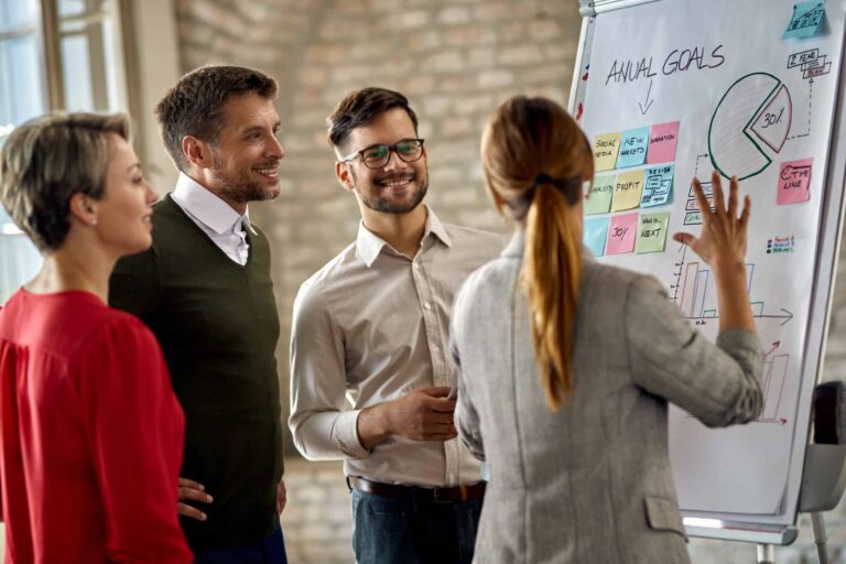 Entrepreneurs brainstorming business strategies and goals during an office meeting.