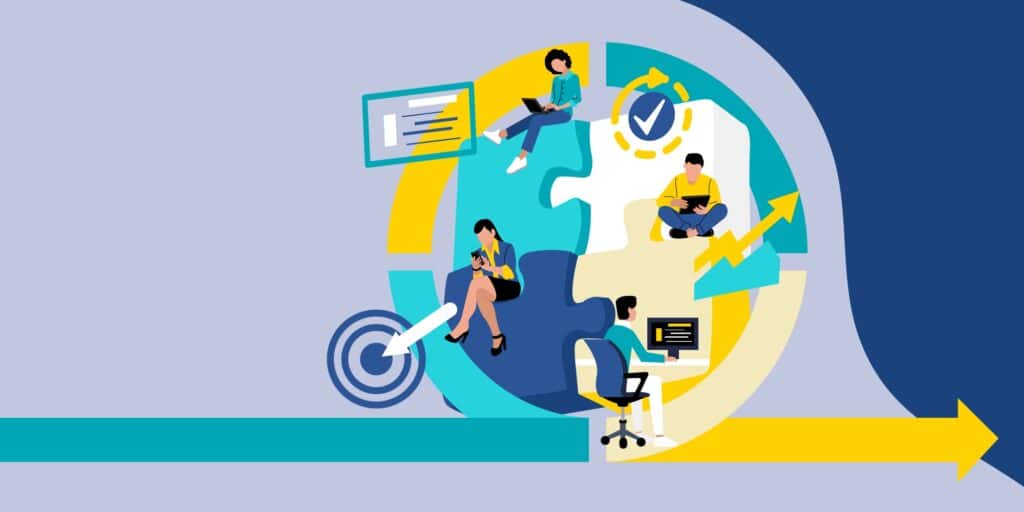 Collaborative work and strategy concepts illustrated in a colorful, modern graphic design.