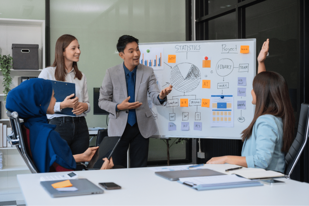 Team meeting showcasing dynamic visual presentations and collaborative discussions.