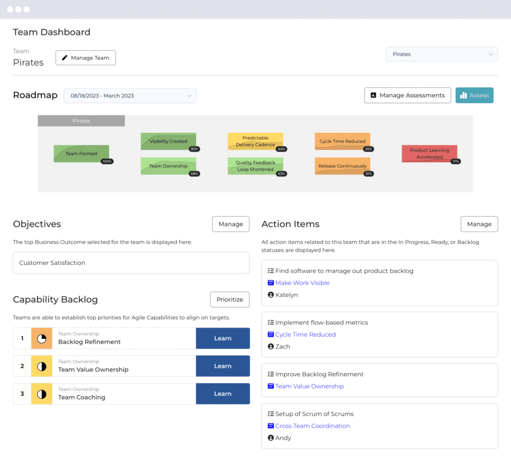 Team dashboard displaying project roadmap, objectives, and action items for the Pirates team.