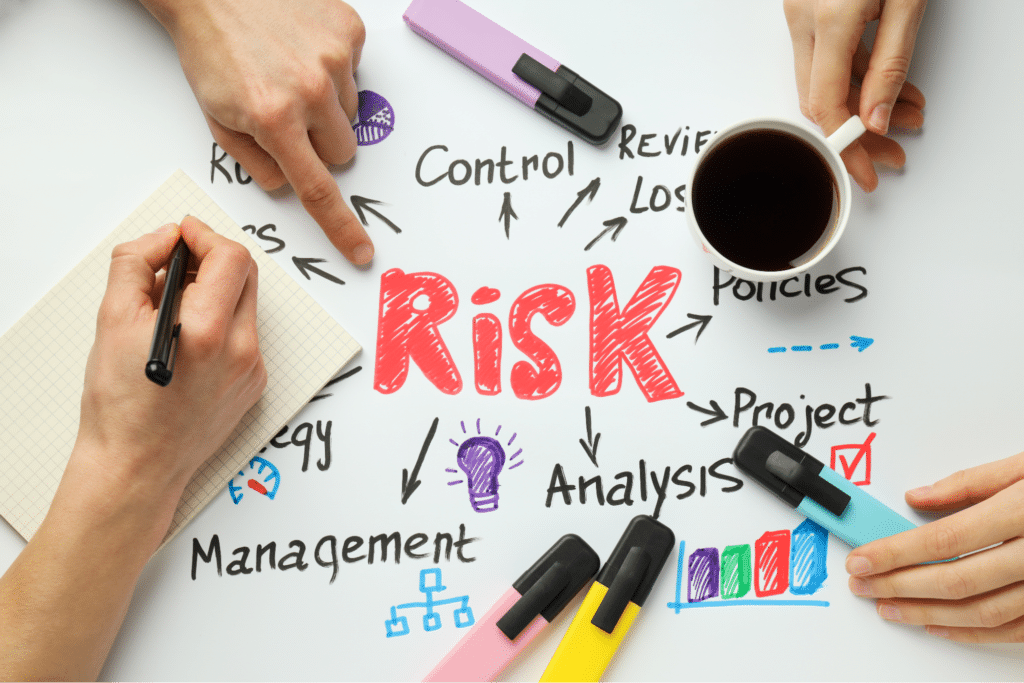Visualizing risk analysis strategies in project management discussions and planning.