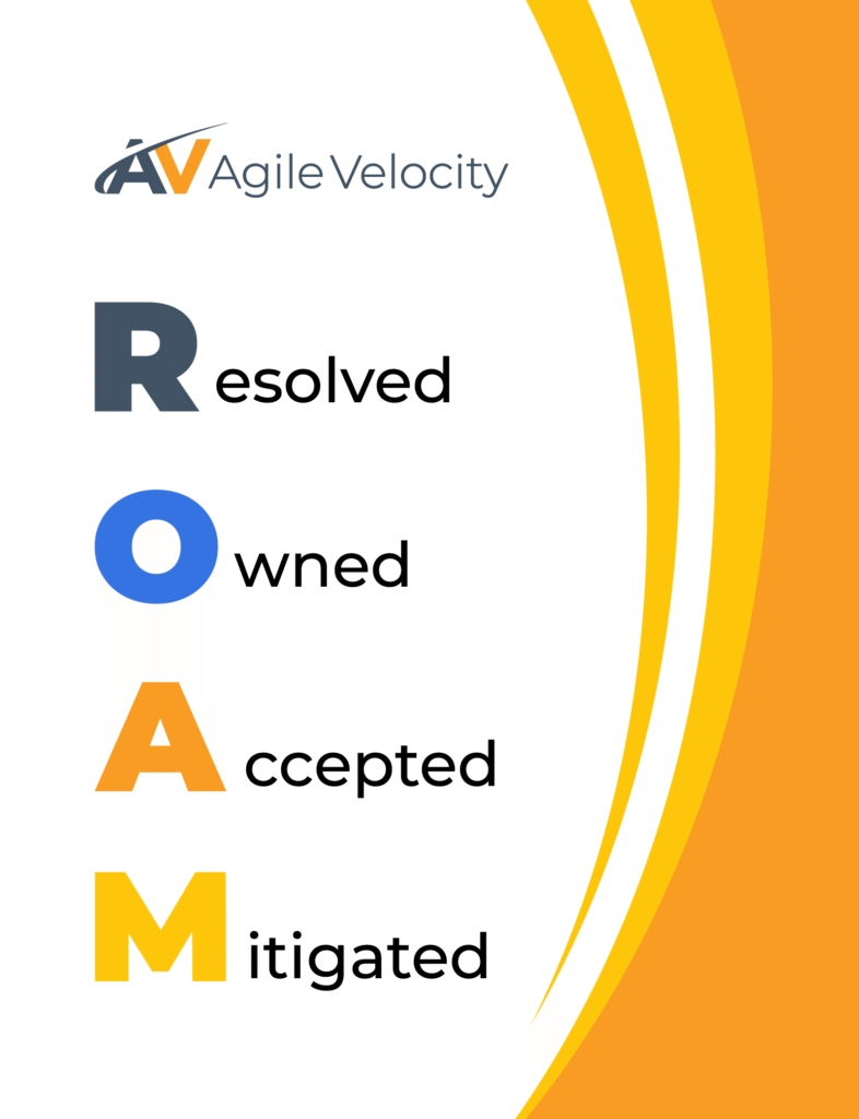 Agile Velocity ROAM framework: Resolved, Owned, Accepted, Mitigated for effective project management.