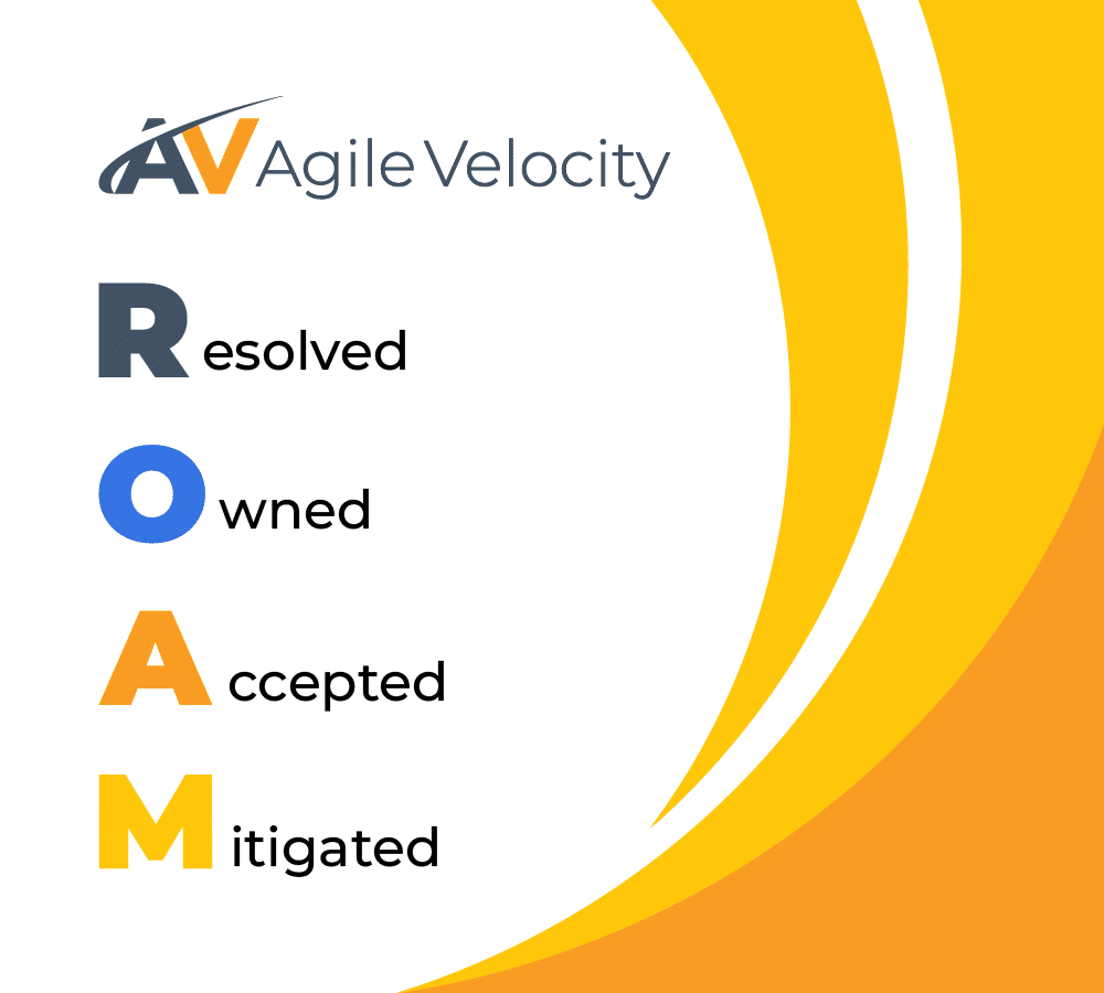 Agile Velocity ROAM framework: Resolved, Owned, Accepted, Mitigated for project management success.