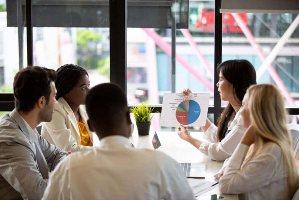 Team discussing strategies with presentation charts in a modern meeting room.