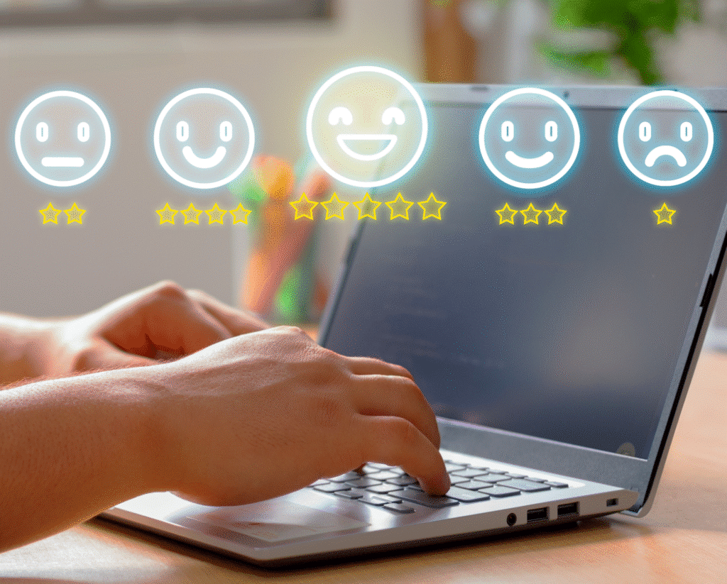 Customer feedback increasing satisfaction ratings with positive emoji reactions.
