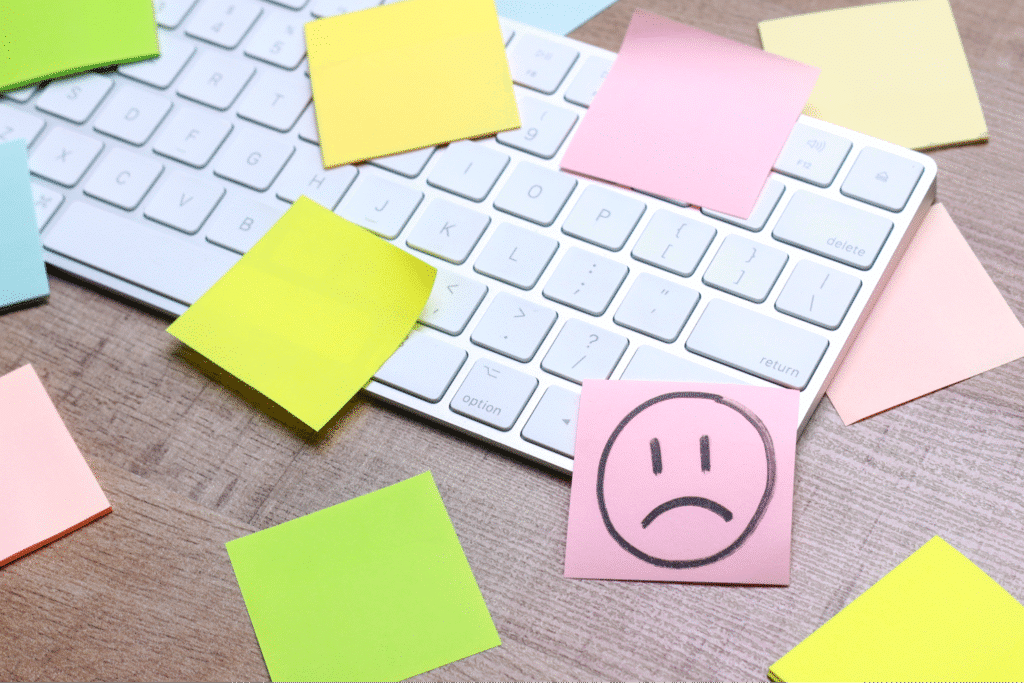 Customer feedback concept - colorful sticky notes scattered on a keyboard, featuring a sad face illustration.