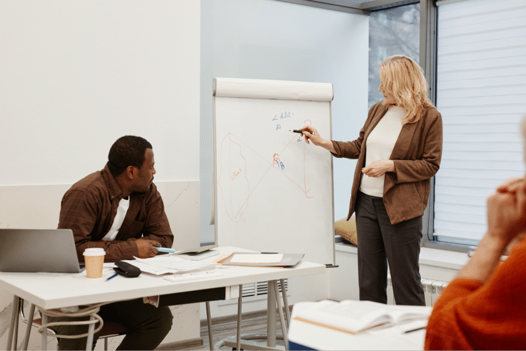 Engaging workshop on effective presentation skills with participants and a presentation board.