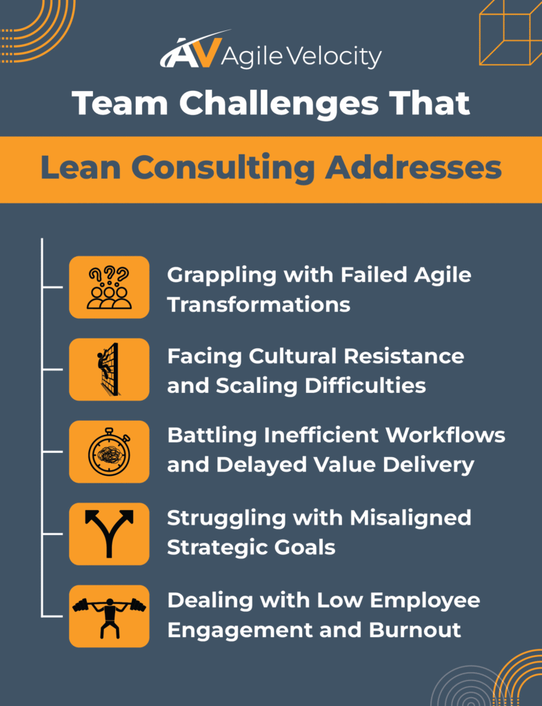 Lean consulting tackles team challenges in agile, cultural resistance, and employee engagement.