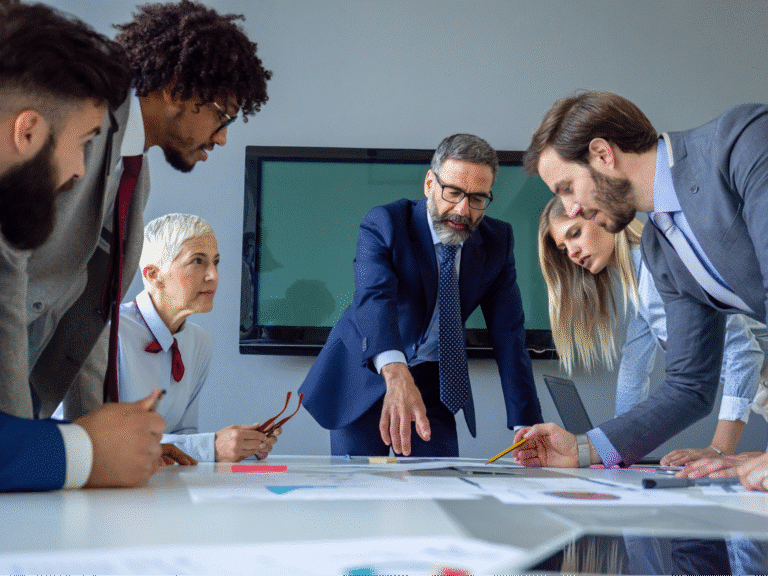 Diverse team collaborating on ideas during a productive meeting.