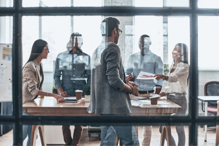 Business team collaborating in a modern office during a meeting.
