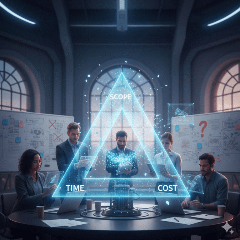 Project management triangle illustrating scope, time, and cost in a collaborative meeting.