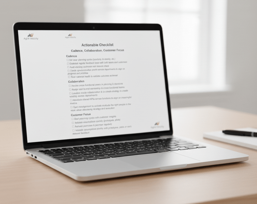 Actionable checklist for cadence, collaboration, and customer focus on a laptop screen.